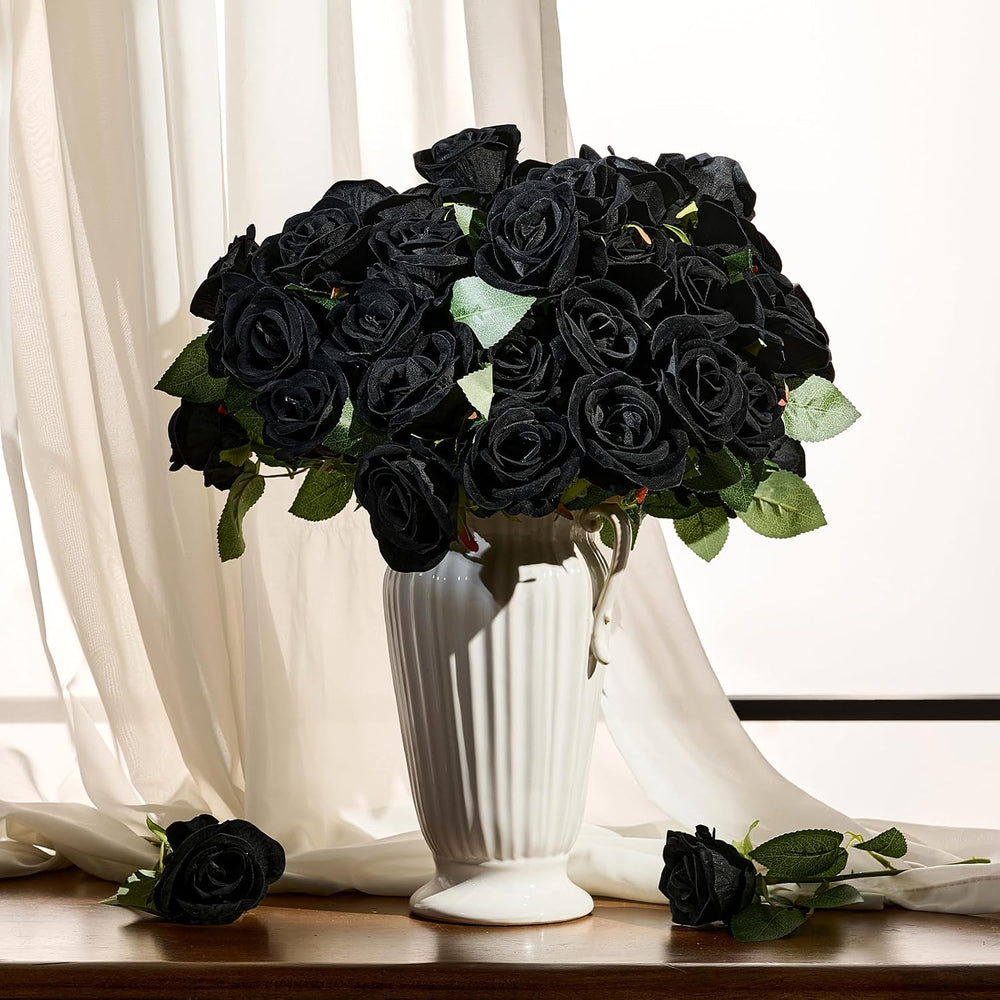 AmyHomie 48 PCS Black Roses, Velvet Realistic Fake Flowers w/Stems