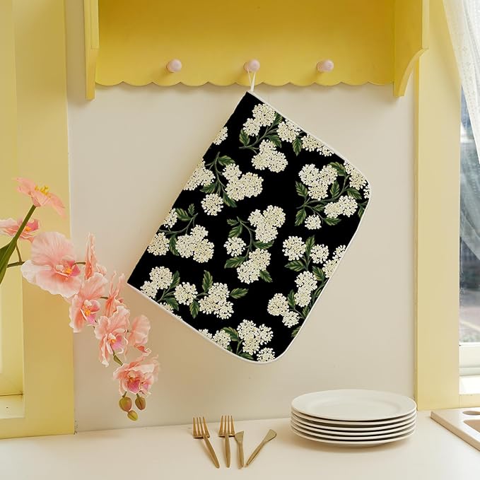 Black Dish Drying Mat 18x24 Inch Green Vintage Floral Hydrangea Flower Drying - Image 5