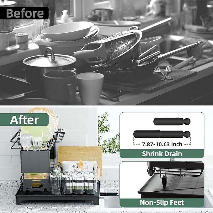 2-Tier Dish Rack with Drainboard: Large Capacity Anti-Rust Kitchen Counter