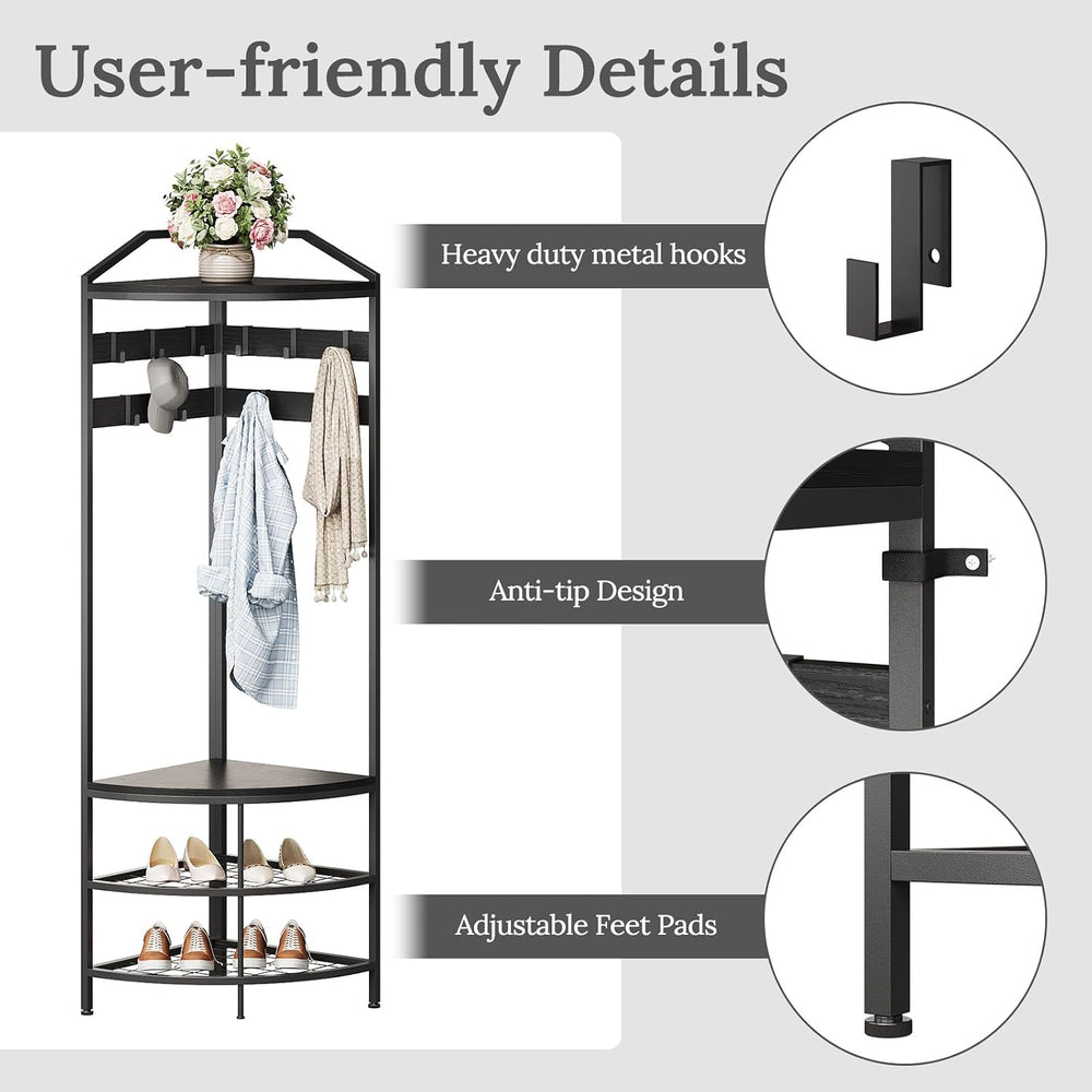 GiftGo Corner Hall Tree with Shoe Bench Entryway Coat Rack with 10 Metal Mova...