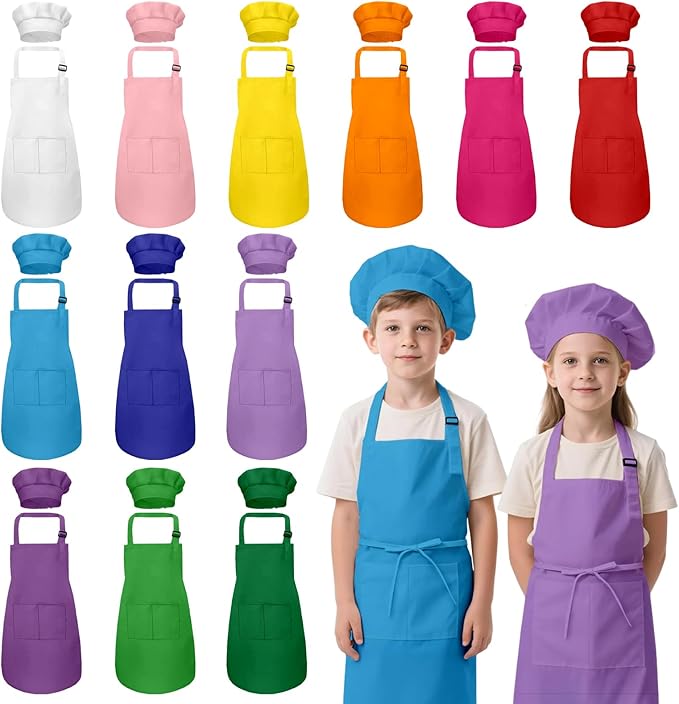 Kids Apron and Chef Hat Set, 24 Pieces Boys Girls Kids Apron by IAGBIBUI