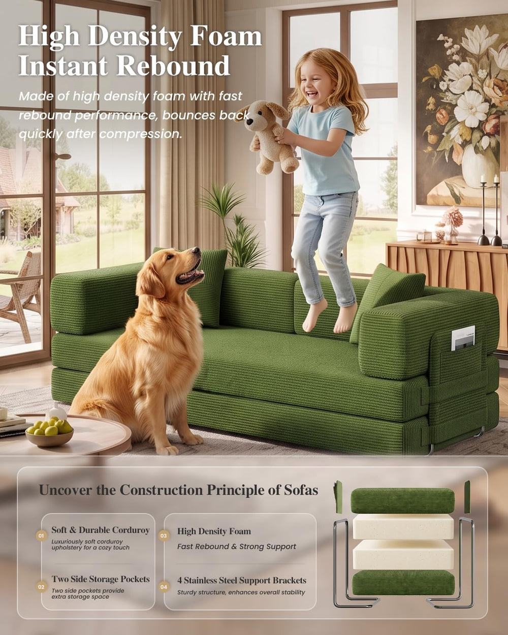79.5" 5-in-1 Convertible Futon Sofa Bed, Boneless Corduroy, Green
