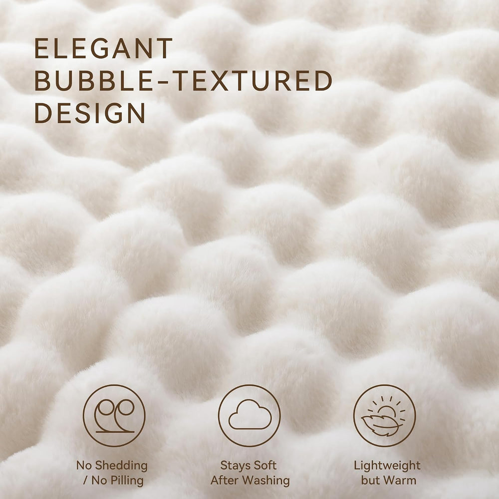 Smoofy Faux Rabbit Fur Throw for Couch - Cream White Bubble Blanket 50"x...