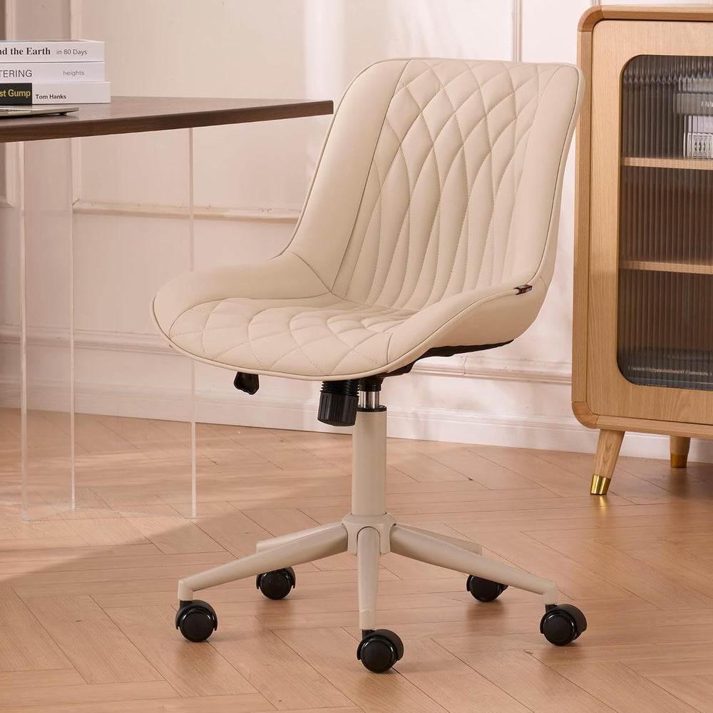 YOUNIKE Faux Leather Office Desk Chair Comfy Vanity Chair Armless Cream | Erg...