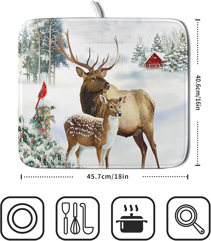 Giwawa Winter Deer Dish Drying Mat 16"x18" Xmas Tree Bird Holly Berry Dish - Image 2