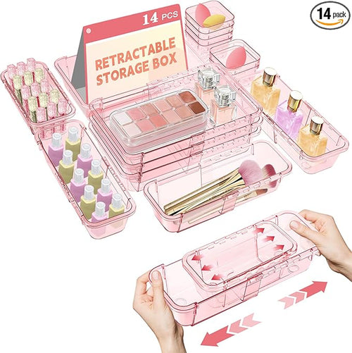 14 Pcs Clear Drawer Organizer, Adjustable Drawer Storage Box, 3-Size Desk by Hiitytin