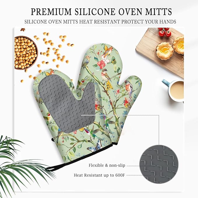 Bird Oven Mitts and Pot Holders Sets 3PCS, Floral Botanical Print Silicone Oven - Image 4