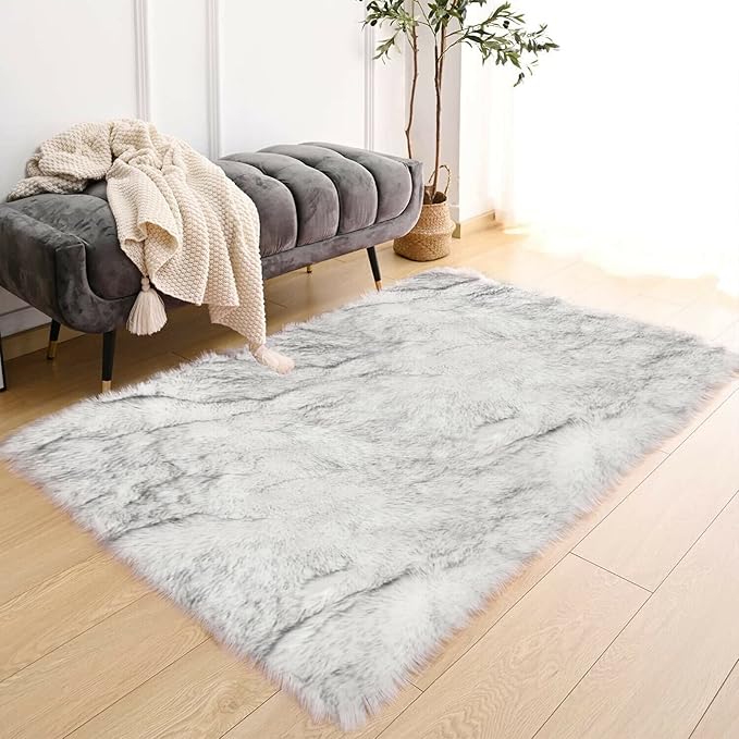 Latepis White and Grey Faux Fur Rug 3x5 Area Washable Fluffy Rugs - Image 7
