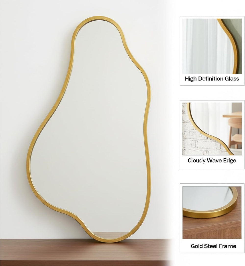 32x18 Inch Irregular Wall Mirror, Vertical Wavy Design, Gold Asymmetrical Met...