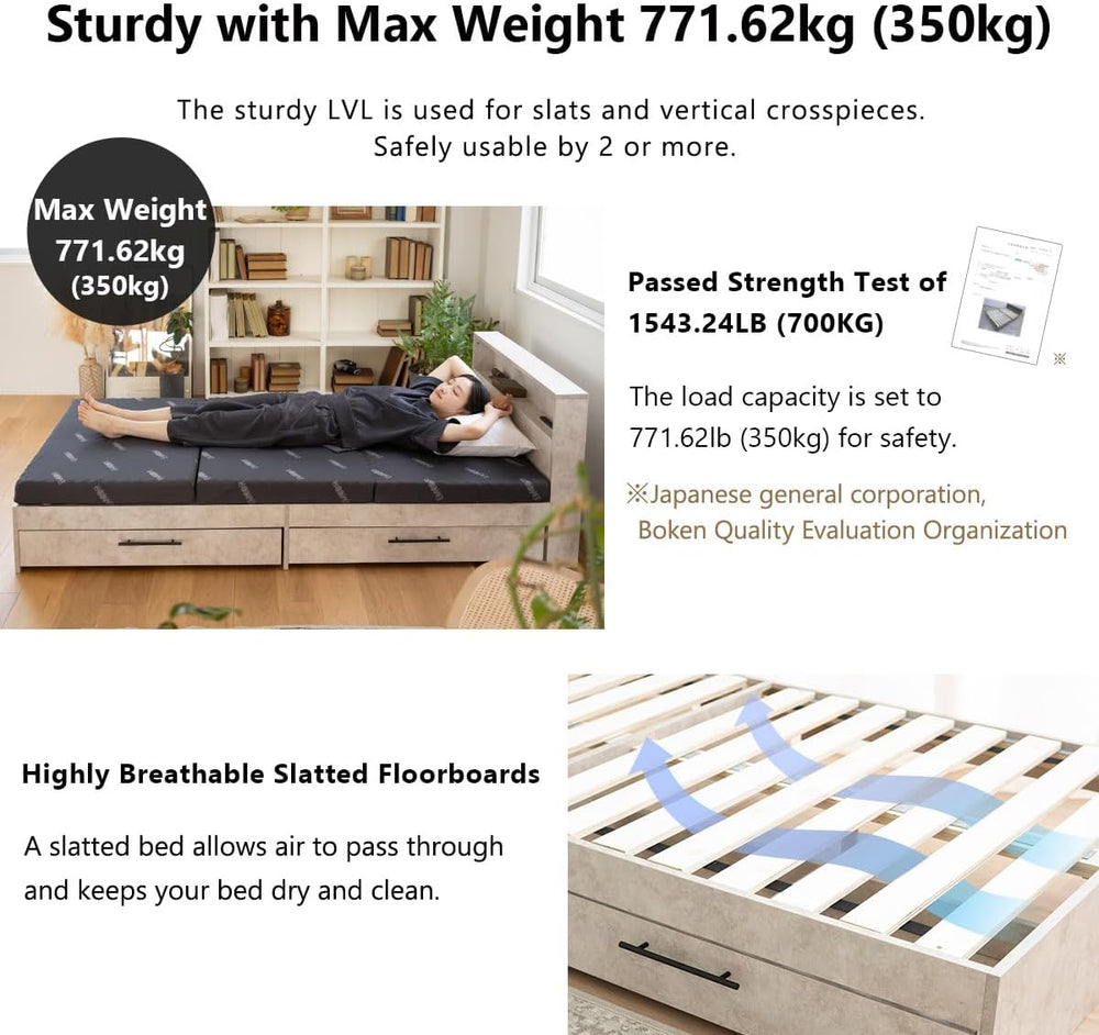EMOOR Wood Slatted Bed Frame with Storage Drawers HEIM Twin (Stone-Gray), Hea...