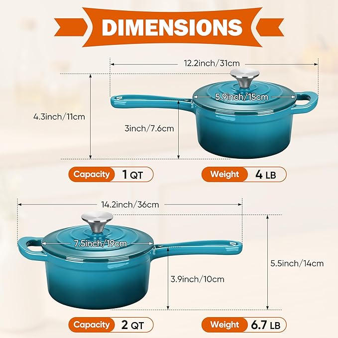 Homikit 1 QT & 2 QT Saucepan Set, Enameled Cast Iron Saucepan
