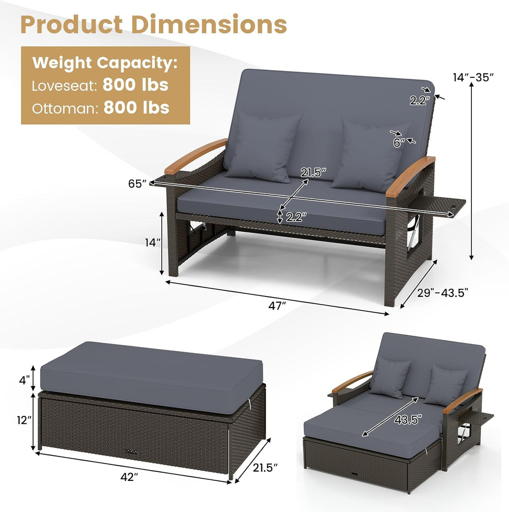 Tangkula Patio Rattan Daybed, Outdoor Wicker Loveseat, Grey & Brown