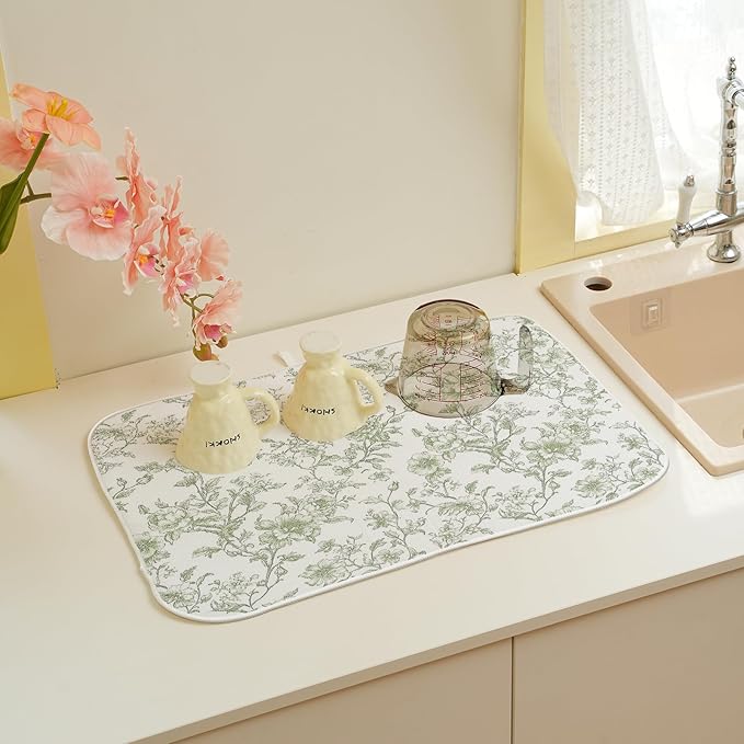 Sage Green Dish Drying Mat 18 x 24 Inch Chinoiserie Light Green Floral Drying - Image 5