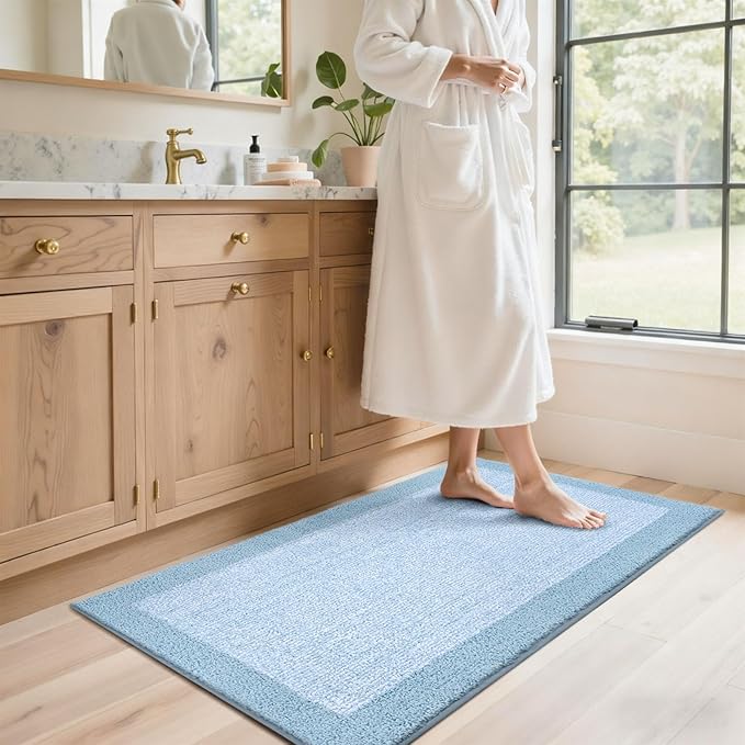 48x24 Long Bathroom Rugs Washable Non Slip, Light Blue Bath Mat