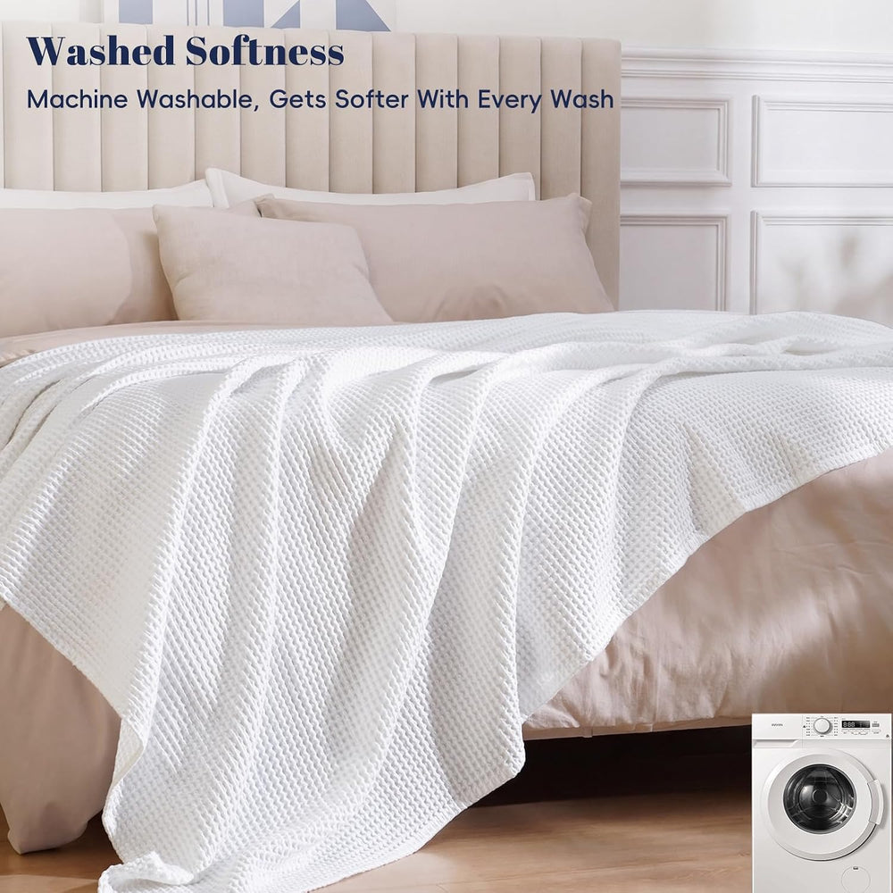 PHF 100% Cotton Waffle Blanket Lightweight Breathable, Queen Size, White