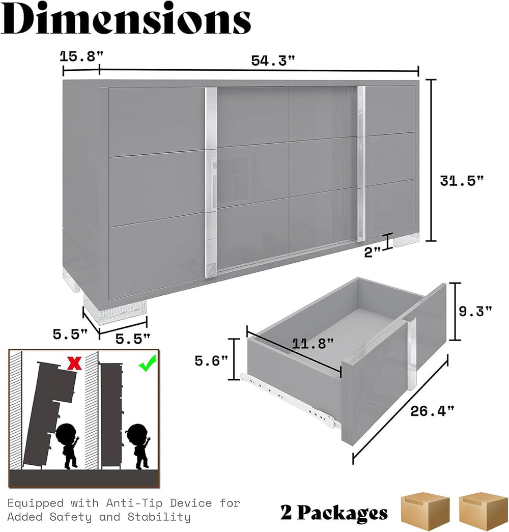 AMERLIFE 6 Drawer Dresser, Modern Storage Chest, High Gloss Finish, Grey