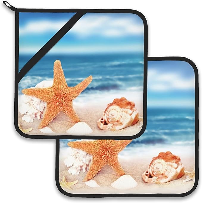 Beach Starfish Shells Pot Holder Set of 2, Heat Resistant Potholders Oven Hot by Larkverk
