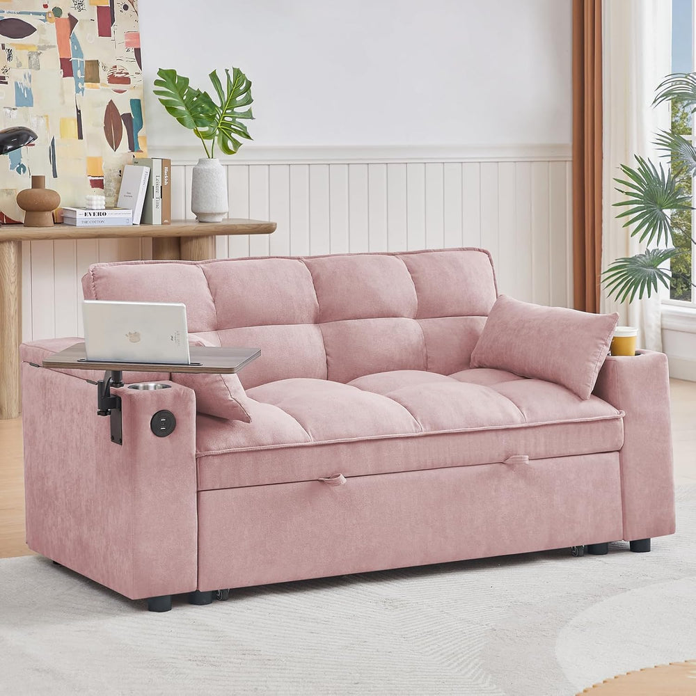 hansones 66" Multi-Functional Pull-Out Sofa Bed with Hidden Side Table, ...