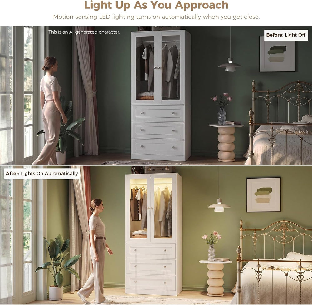 VOWNER 71" H Armoire Wardrobe Closet with Motion Sensor LED Light
