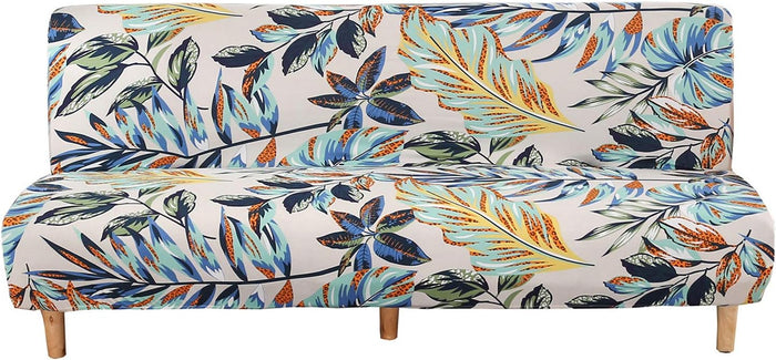 WOMACO Printed Futon Cover Stretch Sofa Bed Slipcovers Full Twin Queen Size Armless Couch Loveseat Protector Covers with Elastic Bottom for Living Room Bedroom Furniture (Rain Leaves, 75"-86.6")