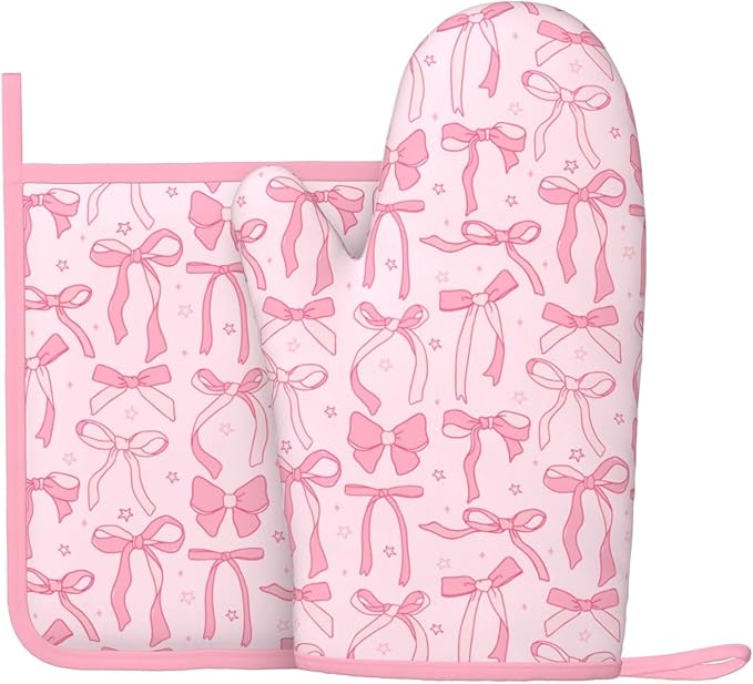 Pink Cute Ribbon Bow Silicone Oven Mitts Pan Mats Set of 2, Heat Resistant by Cayiibe