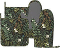 Botanical Print Floral Oven Mitts and Pot Holders Set of 4 Silicone Black Sage by BOKEKANG