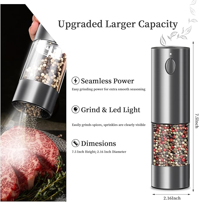 Electric Salt and Pepper Grinder Set, Upgraded Larger Capacity Stainless Steel - Image 3