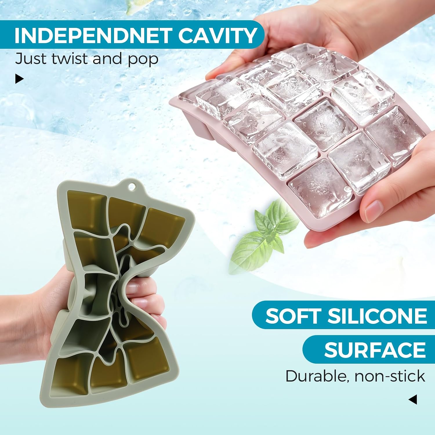 Silicone Ice Cube Trays with Lids(2Pack,Blue+Green) | 15-Cavity Ice Tray Set for Freezer, Easy-Release BPA-free Ice Cube Mold for Whiskey, Coffee, Cocktails and More