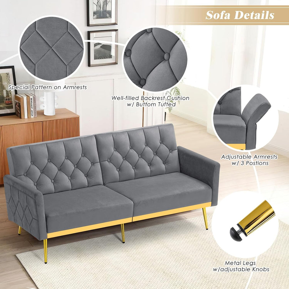 Velvet Sofa Bed w/Adjustable Armrests & Backrests, Grey