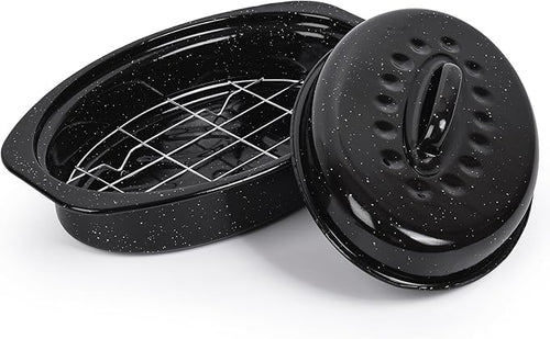 13” Roaster Pan with Lid and Rack, Small Enamel Roaster Pan with Oval Roasting by YIDAZLE