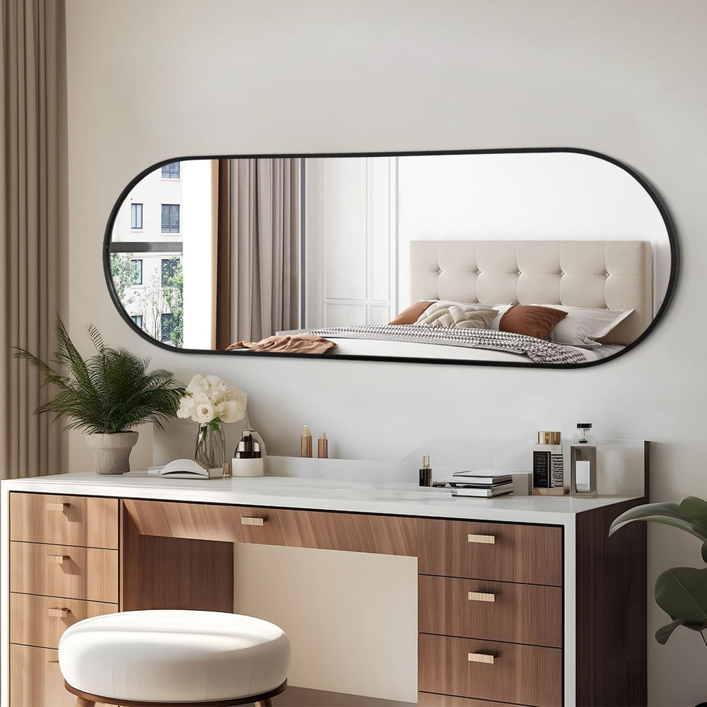Black Oval Bathroom Full Length Mirror, 48x16'' Pill Shaped Oblong Va...