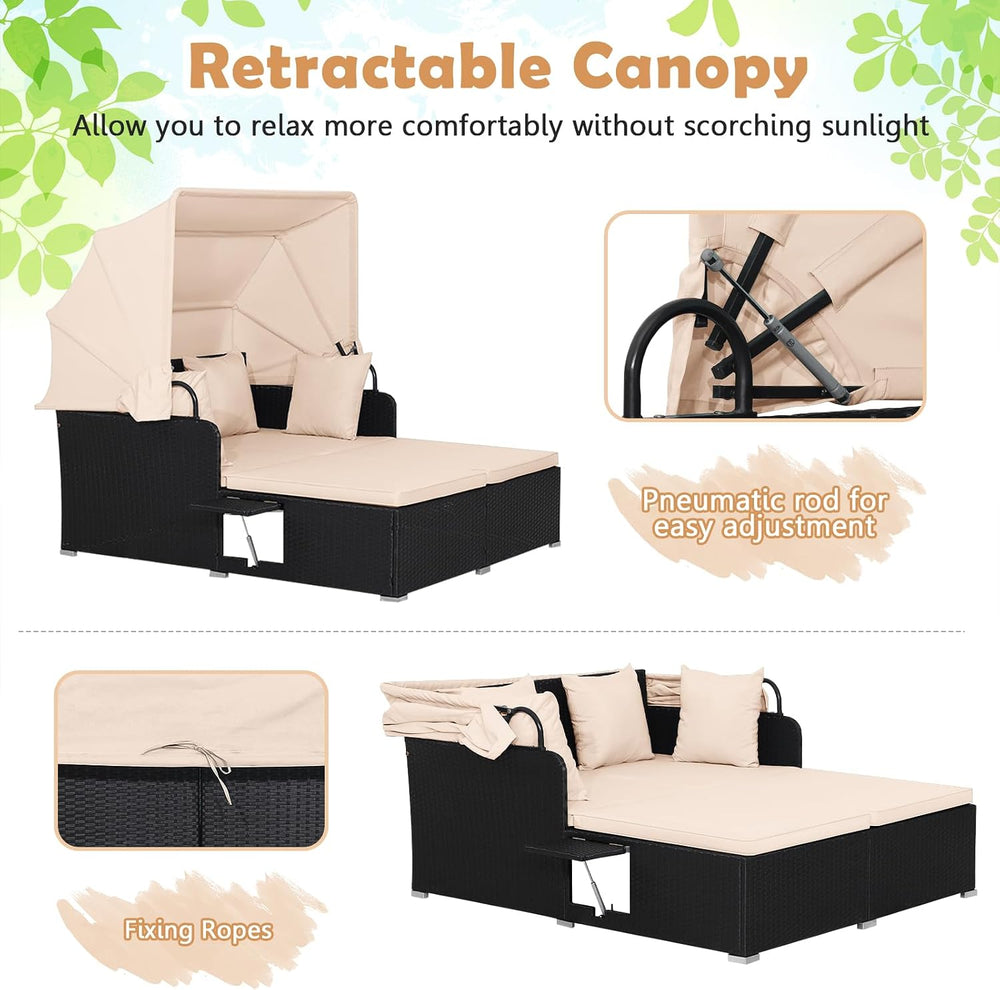 Tangkula Patio Rattan Daybed with Retractable Canopy, Outdoor Wicker Sunbed L...