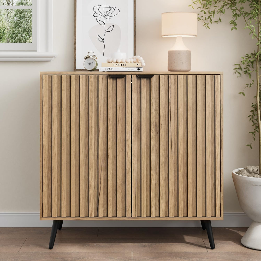 Smuxee Fluted Sideboard Cabinet, Freestanding Natural Buffet Cabinet with Adj...