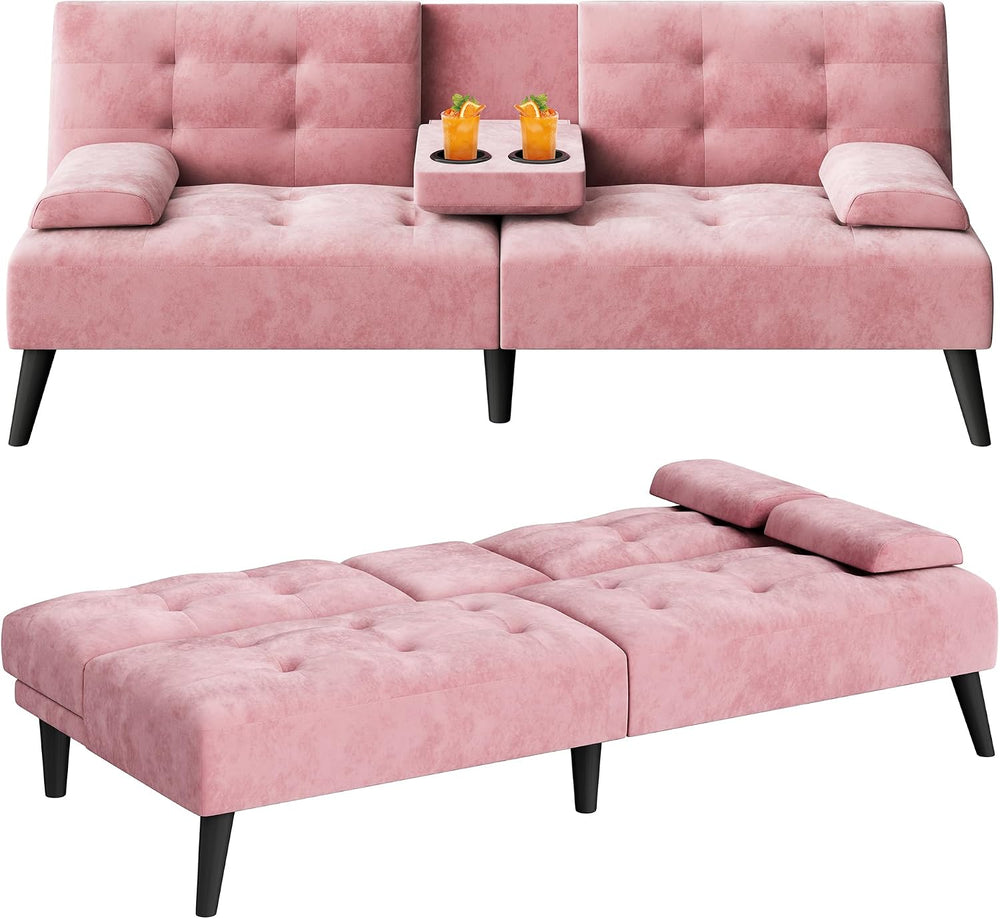 Futon Sofa Bed, 64 in Small Couch with Cup Holders, Pink