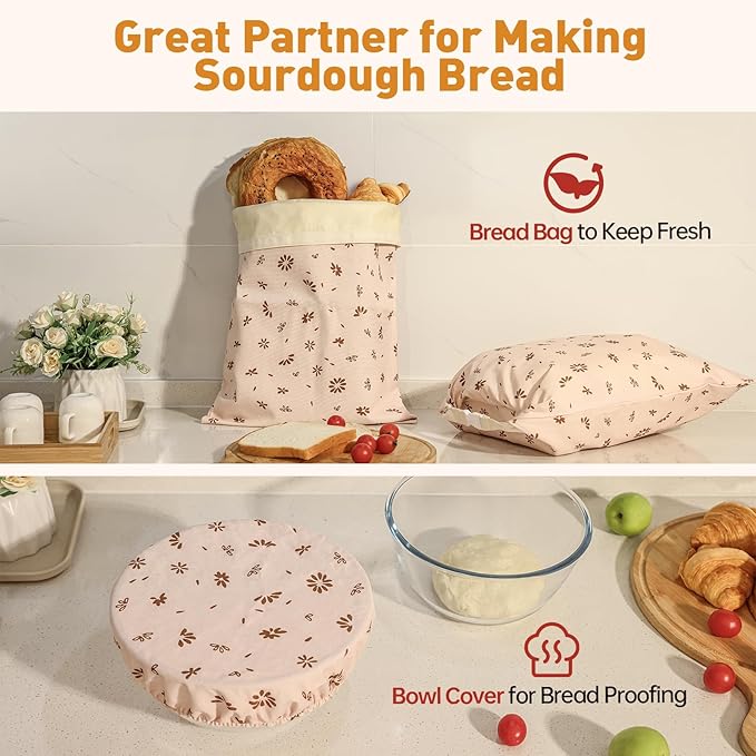 Tirphy 3 Pack Reusable Bread Bags and Bowl Cover Set, Beeswax Bread Bags - Image 4