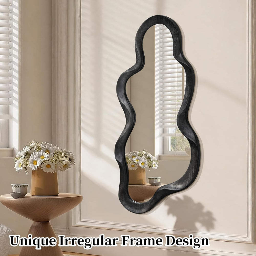 Black Asymmetrical Mirror, Wall Irregular Wood Frame Wavy Wall Mirror