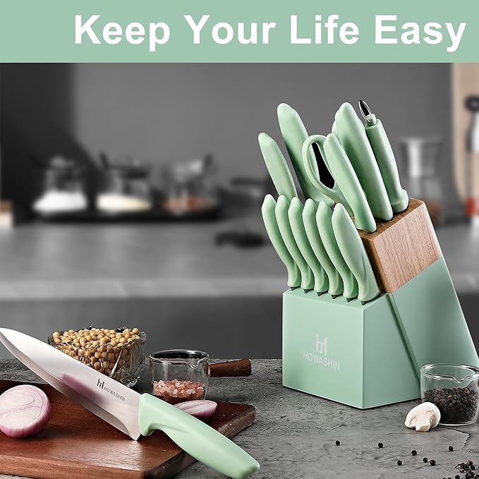 Green Knife Set, High Carbon German Stainless Steel Knife Block Set, Hand wash