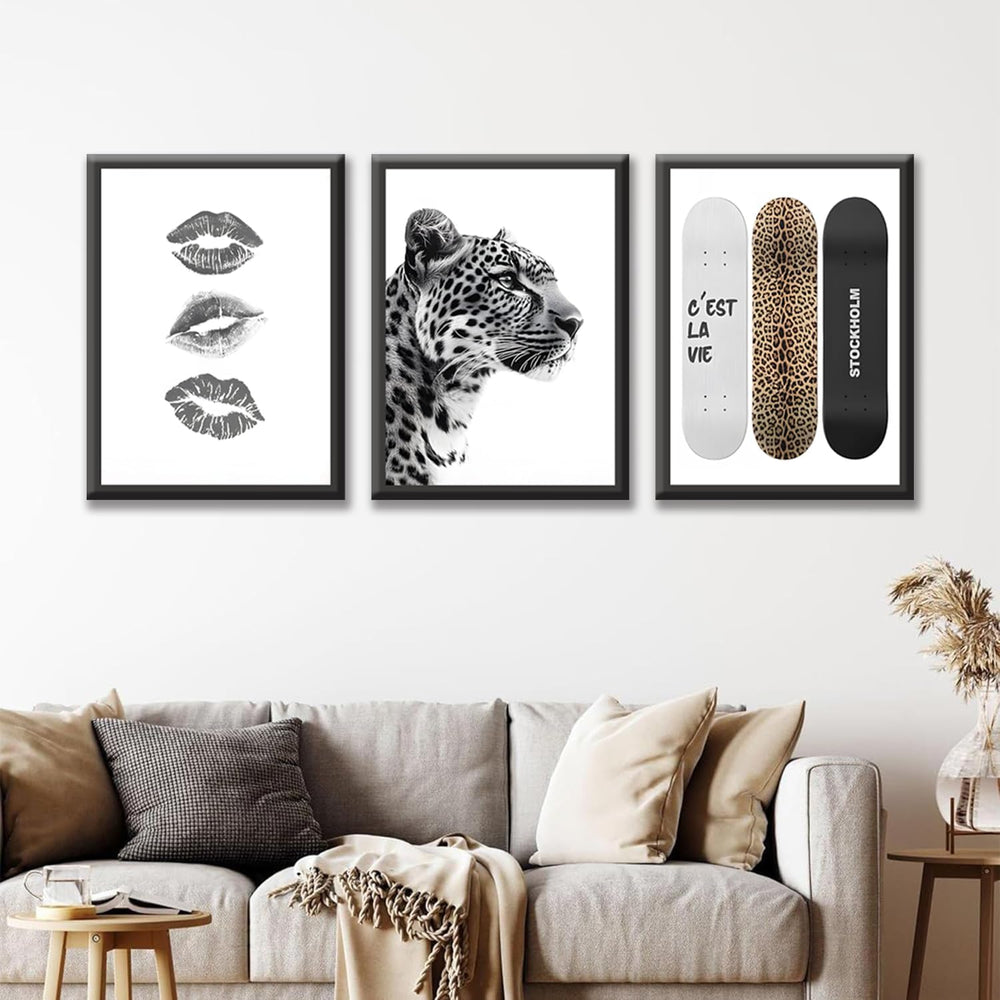 3 Piece Framed Stockholm Style Wall Art, Black and White Leopard Lips Canvas ...