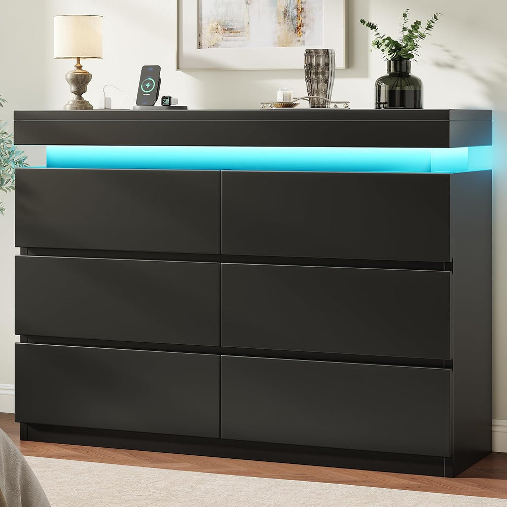 6 Drawer Dresser with LED Lights and Charging Station, Modern Black Dresser