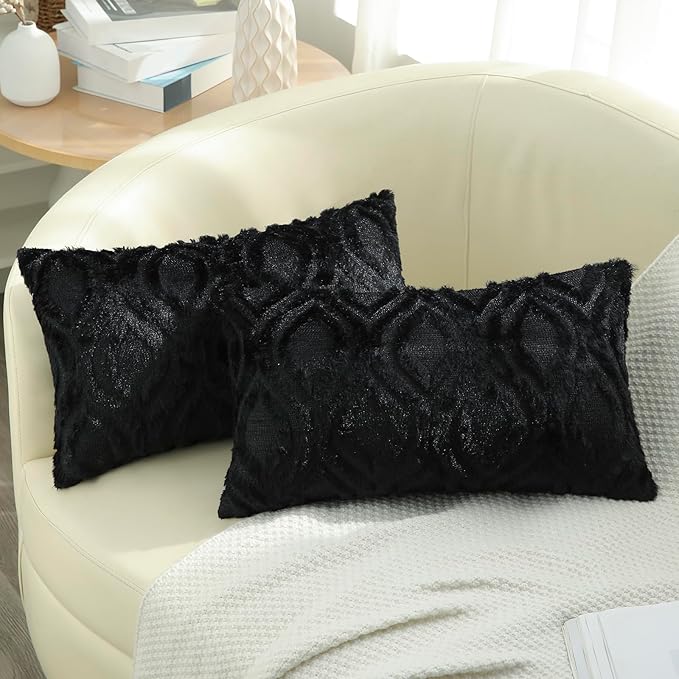decorUhome Throw Pillow Covers 12x20 Inch Set of 2, Soft Plush Faux Wool Black by decorUhome