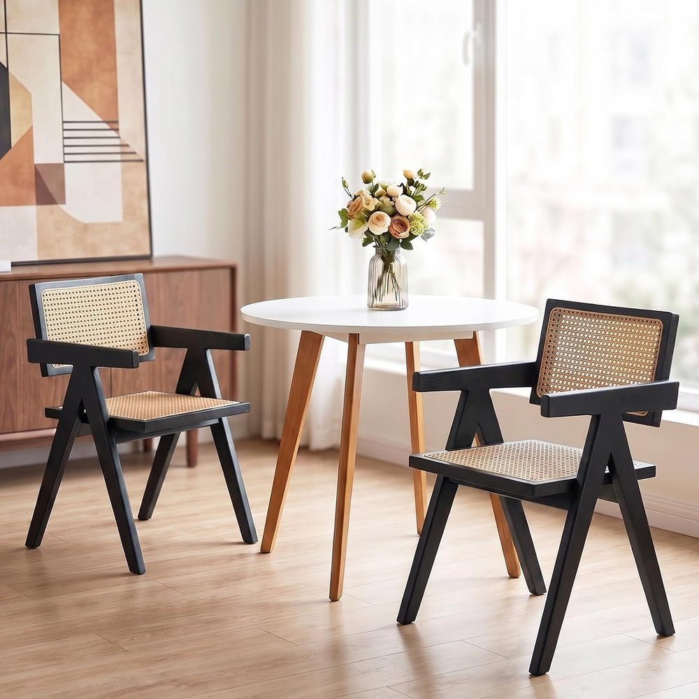 Accent Chairs Set of 2 Black Mid Century Modern Solid Wood Cane Armchairs