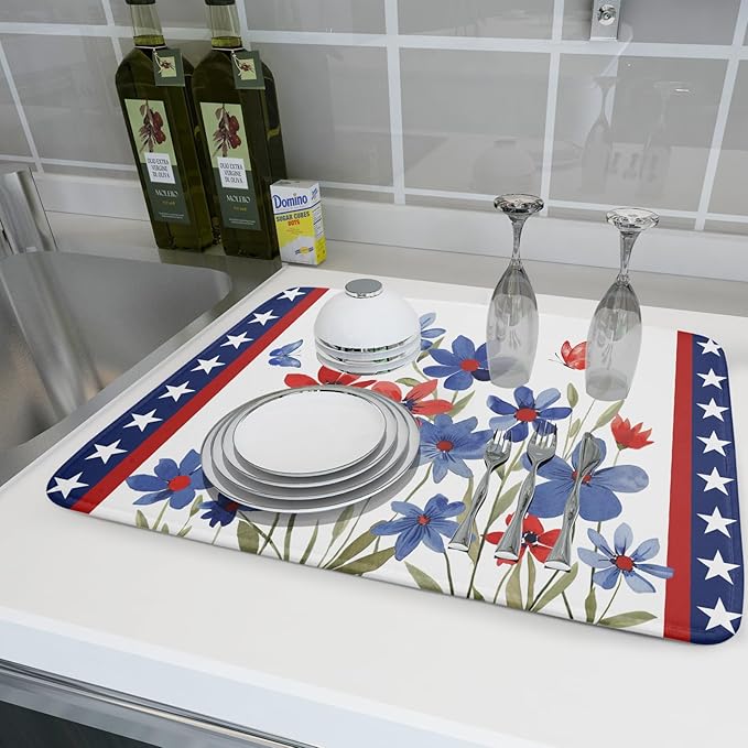 Giwawa 4th of July Flower Dish Drying Mat 18"x24" Independence Day Stars Dish - Image 6