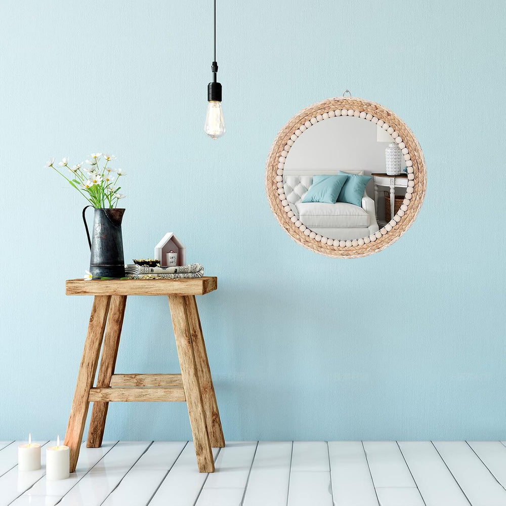15 Inch Boho Round Hanging Wall Mirror Decorative Rattan Circle Mirrors for F...