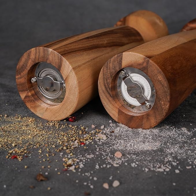 Salt and Pepper Mill Set with Tray, Adjustable Ceramic Grinder Salt Mill