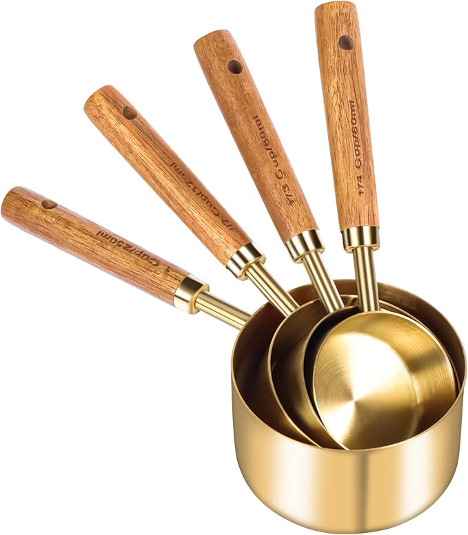 GuDoQi 8Pcs Gold Measuring Cups and Spoons Set, Wooden Handle, Premium - Image 2