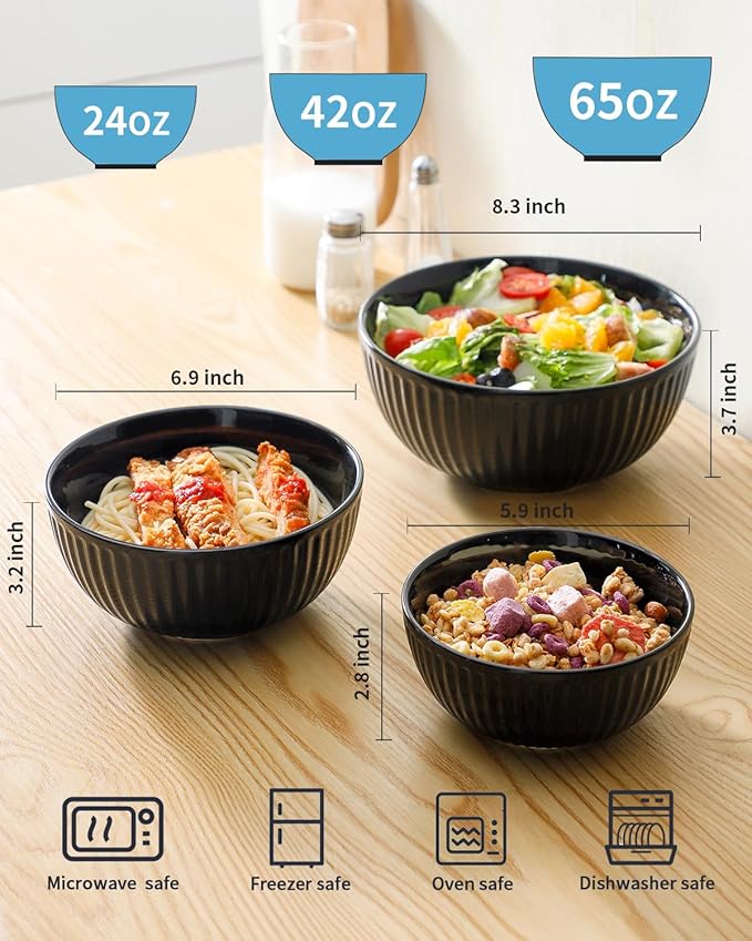 HASENSE Small Mixing Bowls of 3, Porcelain Ribbed Black Bowls 1.5/1/0.5 Qt - Image 2