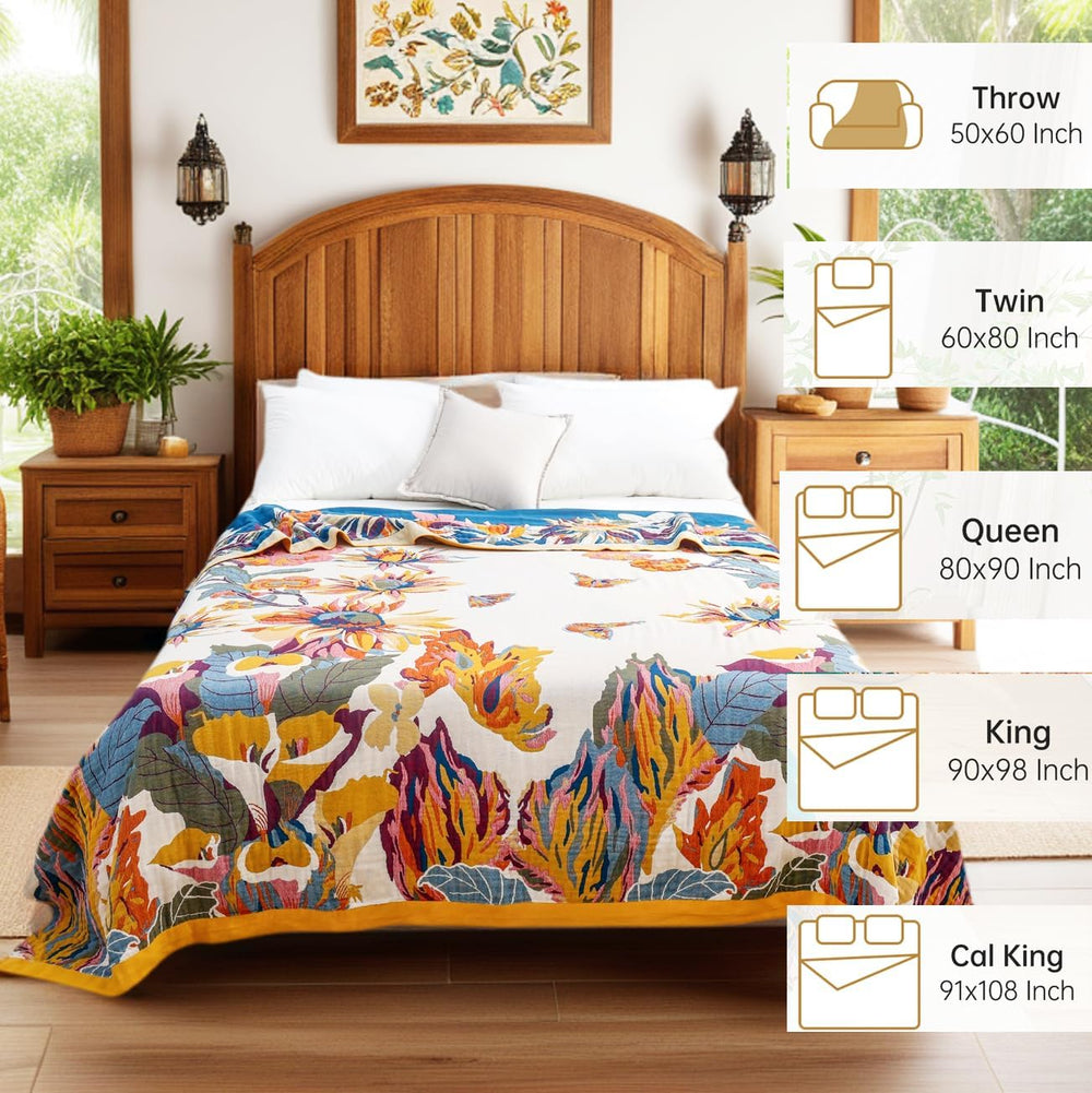 Boho Throw Blanket 100% Organic Cotton 60x80 for Bed Couch, Floral