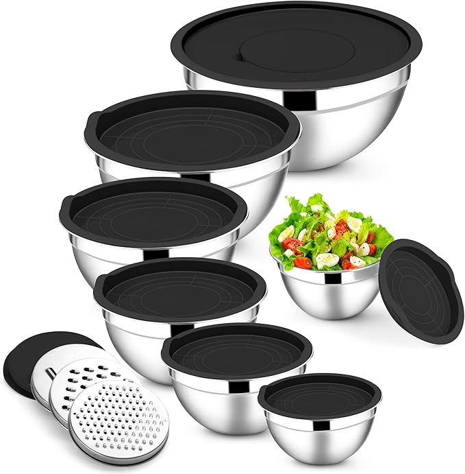 E-far Mixing Bowls with Lids Set, 7-Piece Stainless Steel Metal Mixing Bowls by E-far