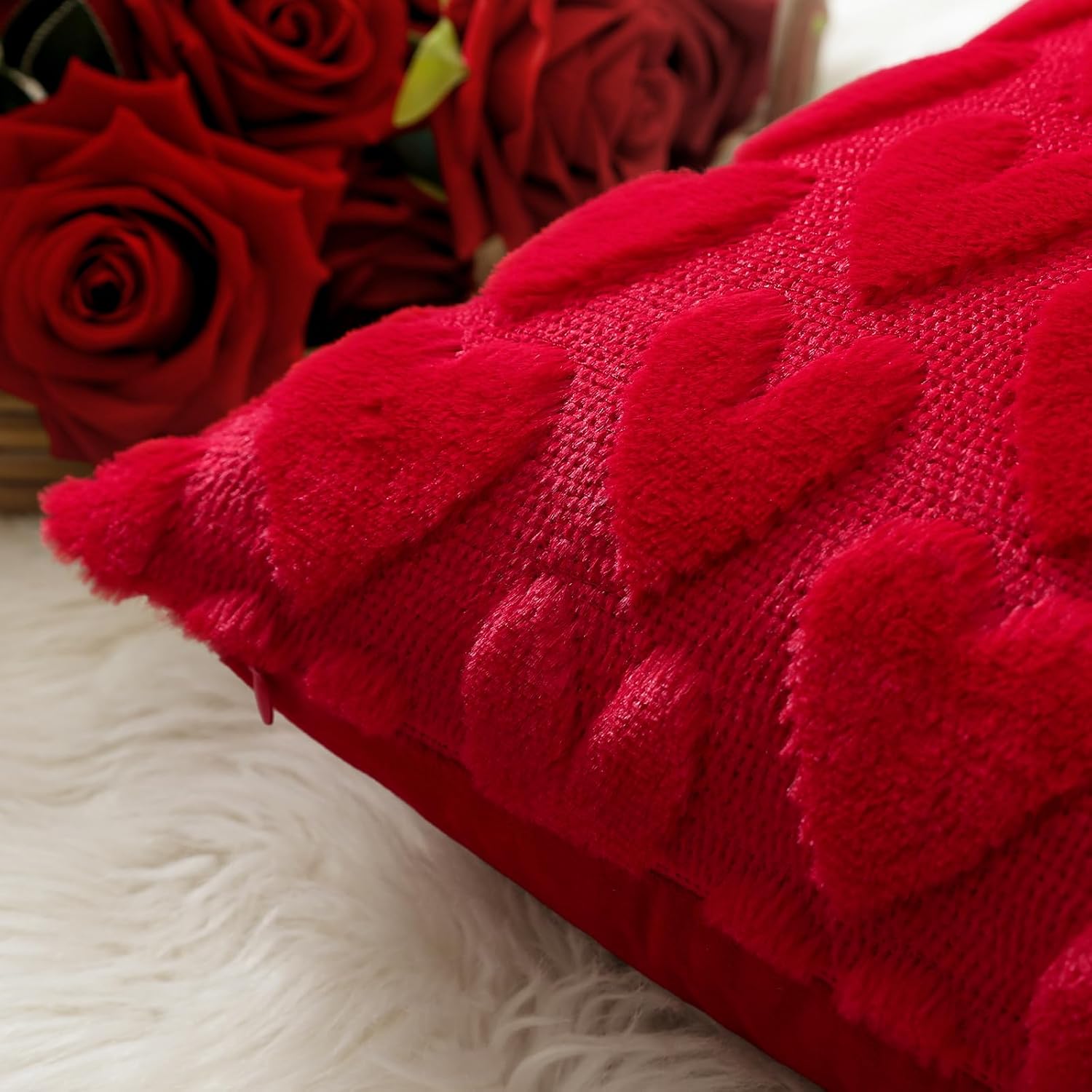 Artscope Valentines Pillow Covers 18x18 Set of 2 Decorative Love Heart Valentines Day Throw Pillow Cases Soft Plush Faux Fur Couch Cushion Case for Holiday Sofa Bed Room Home Decor-Red Heart