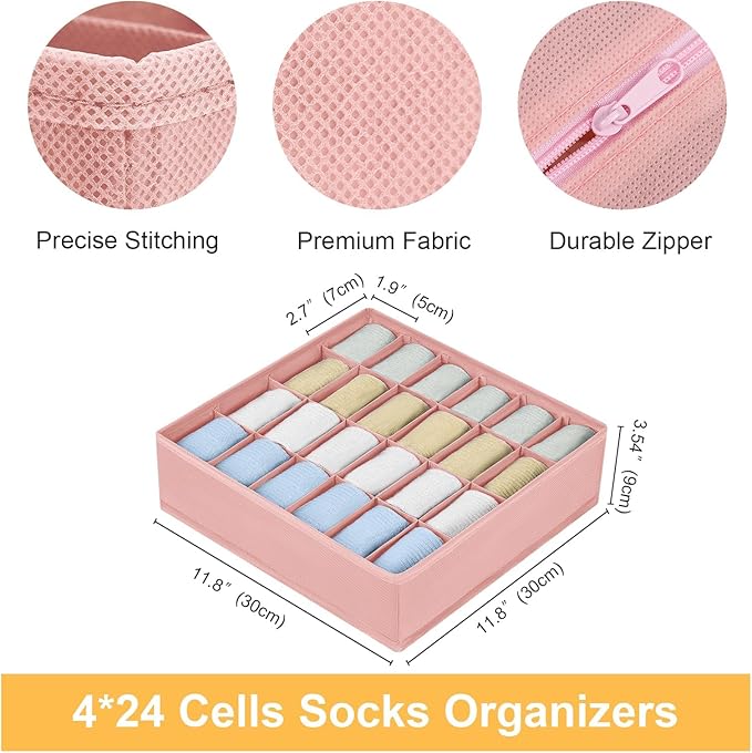 Joyoldelf 4-Pack Pink Fabric Dresser Drawer Organizers, 24-Cell Sock Drawer - Image 2
